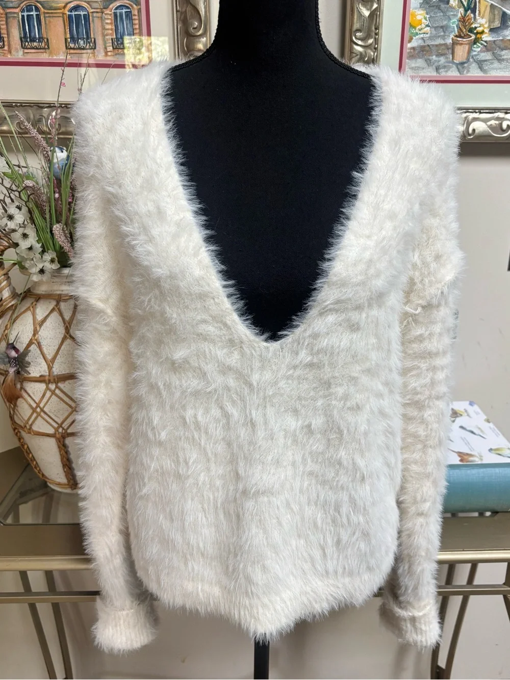 Free People Serendipity White Fuzzy Deep V-Neck Plush Sweater Oversized Size L